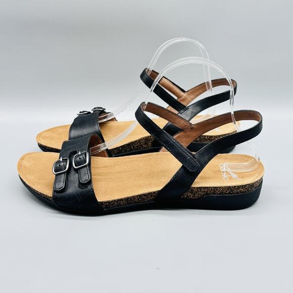 Dansko Sandals Womens 11.5 Black Leather Slingback Low Wedge Buckle Comfort - Picture 5 of 13
